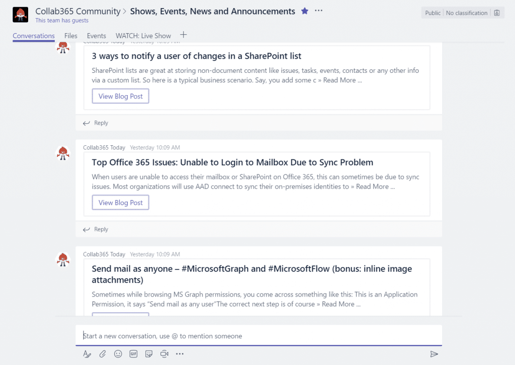 Example of an RSS Feed in Teams using Cards