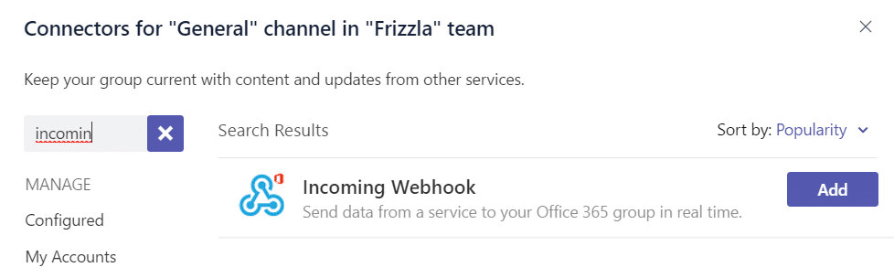 Create an incoming Webhook Connector in Teams