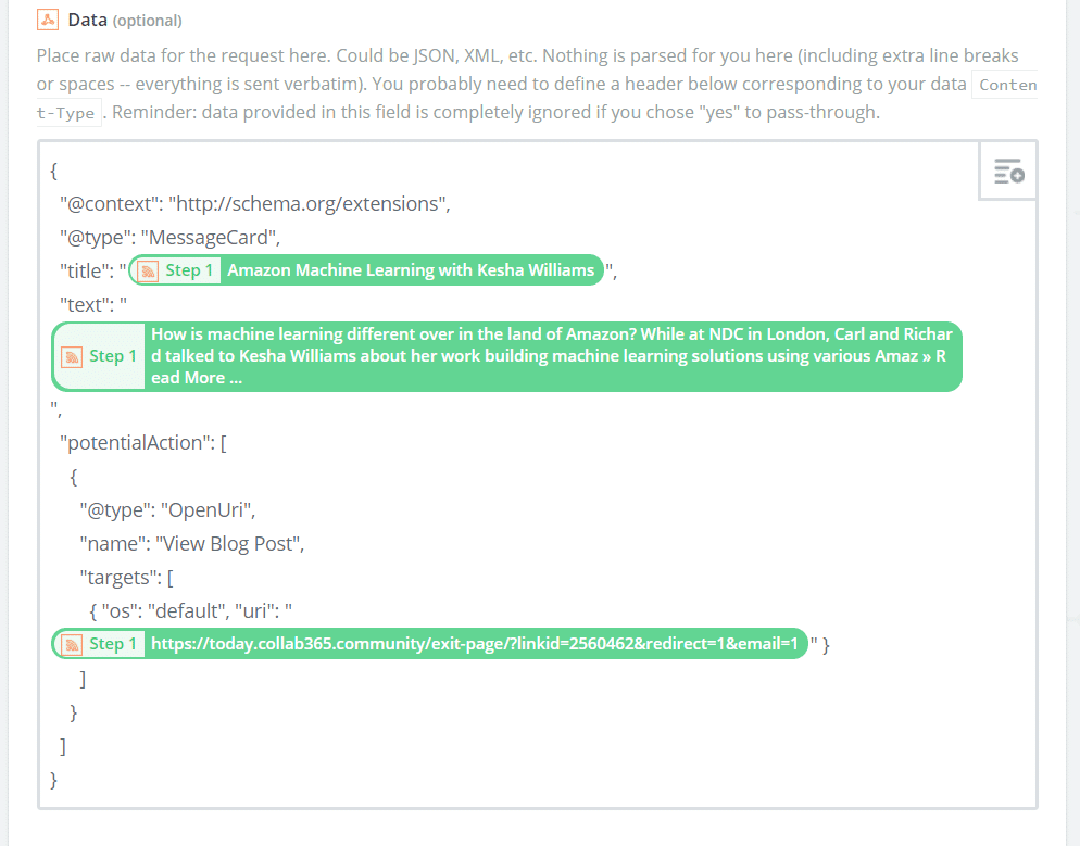 Add the JSON template to create a Teams Card
