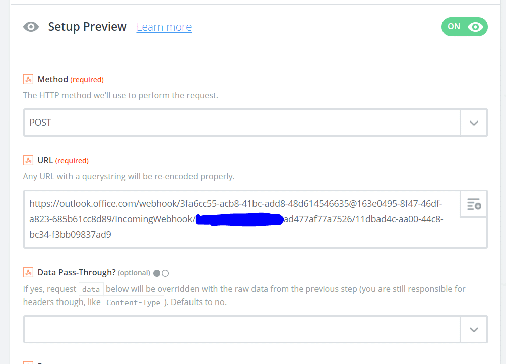 Paste your Teams incoming webhook url into Zapier