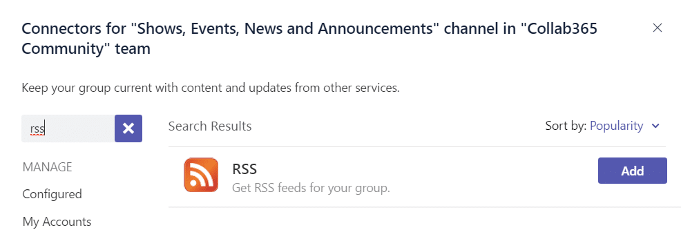 Add an RSS Connector in Teams