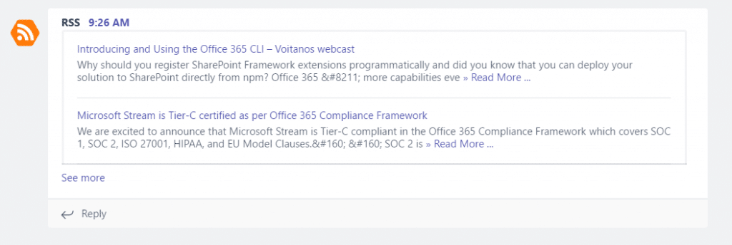 Displays the standard RSS Feed in Microsoft Teams