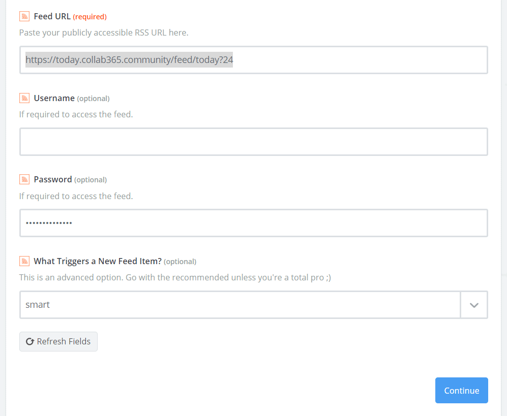 Add the RSS Feed Url into Zapier