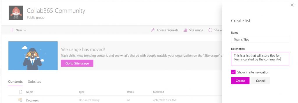 Create New Sharepoint list