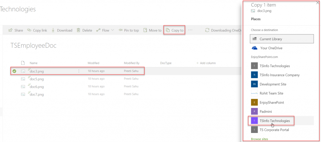 New library feature copy to in modern sharepoint site
